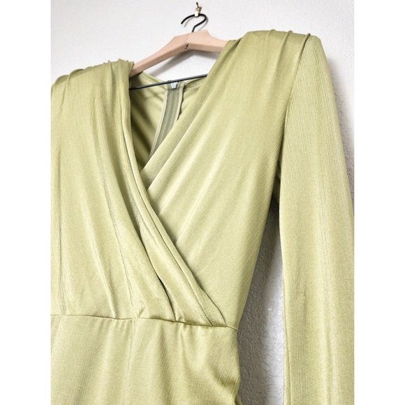 Bronx and Banco Olive Maxi Dress 6 Metallic Padded Shoulder Vneck Slit Surplice - Picture 7 of 12
